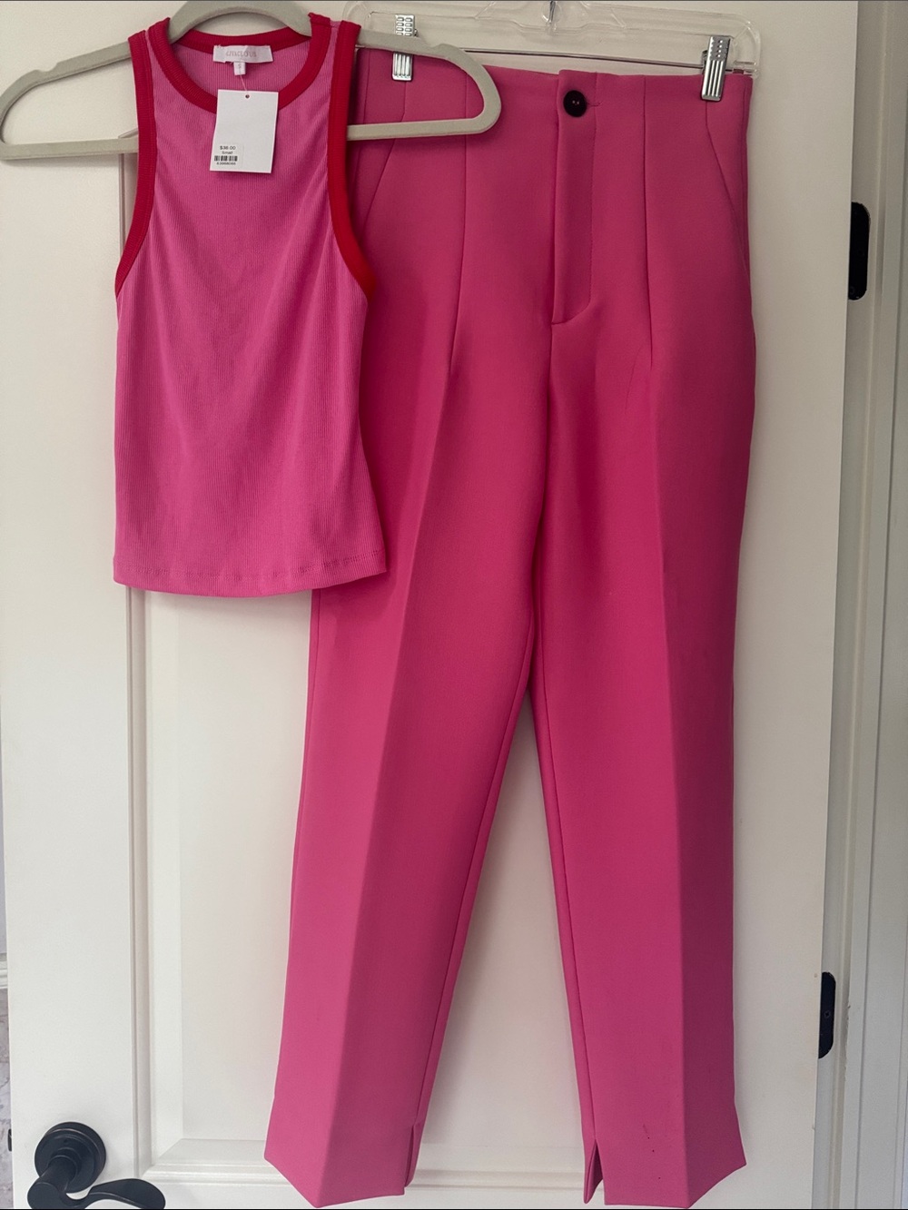 OlivaceousTop and Bright Hot Pink Zara Tailored Trousers